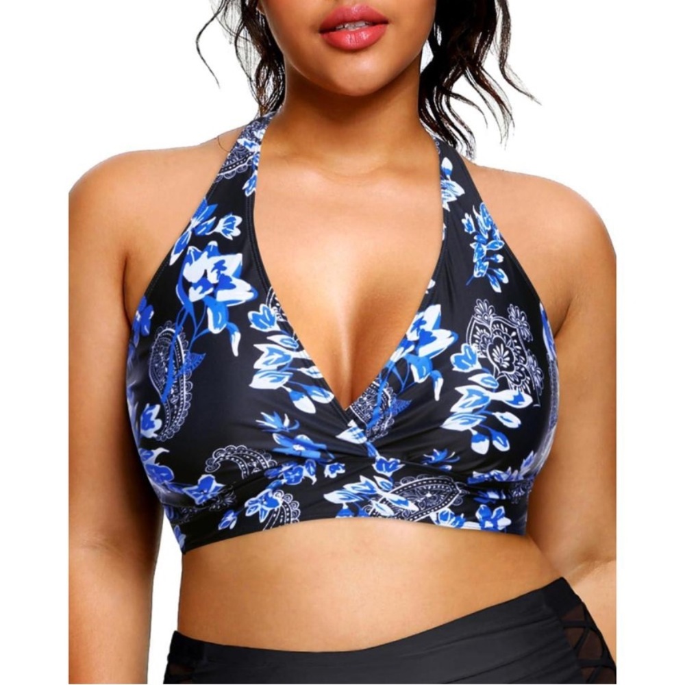Elegant Floral Halter Bikini Top - Black and Blue